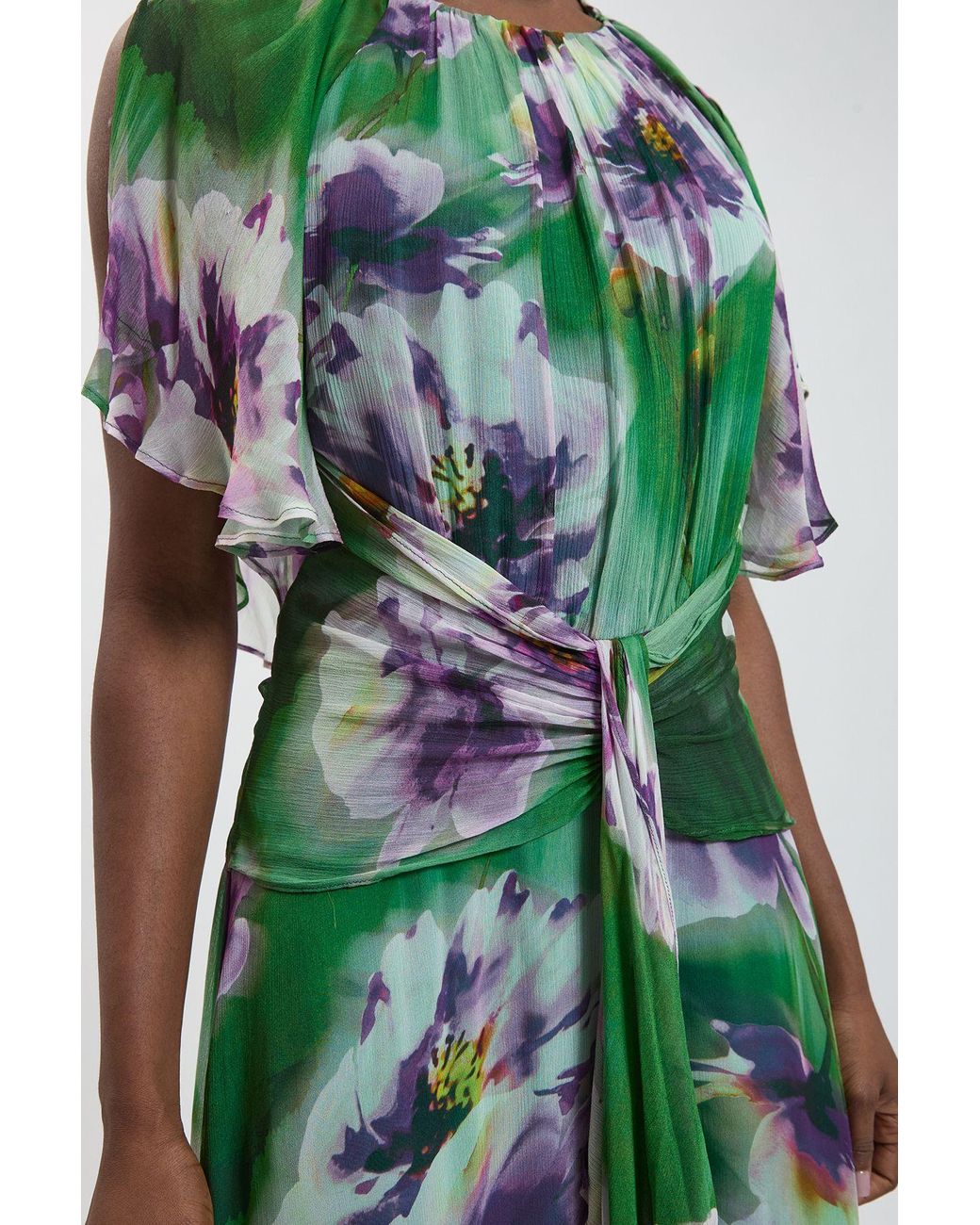 Karen Millen Green Petite Floral Print Viscose Georgette Cape Sleeve Ruffle Woven Maxi Dress
