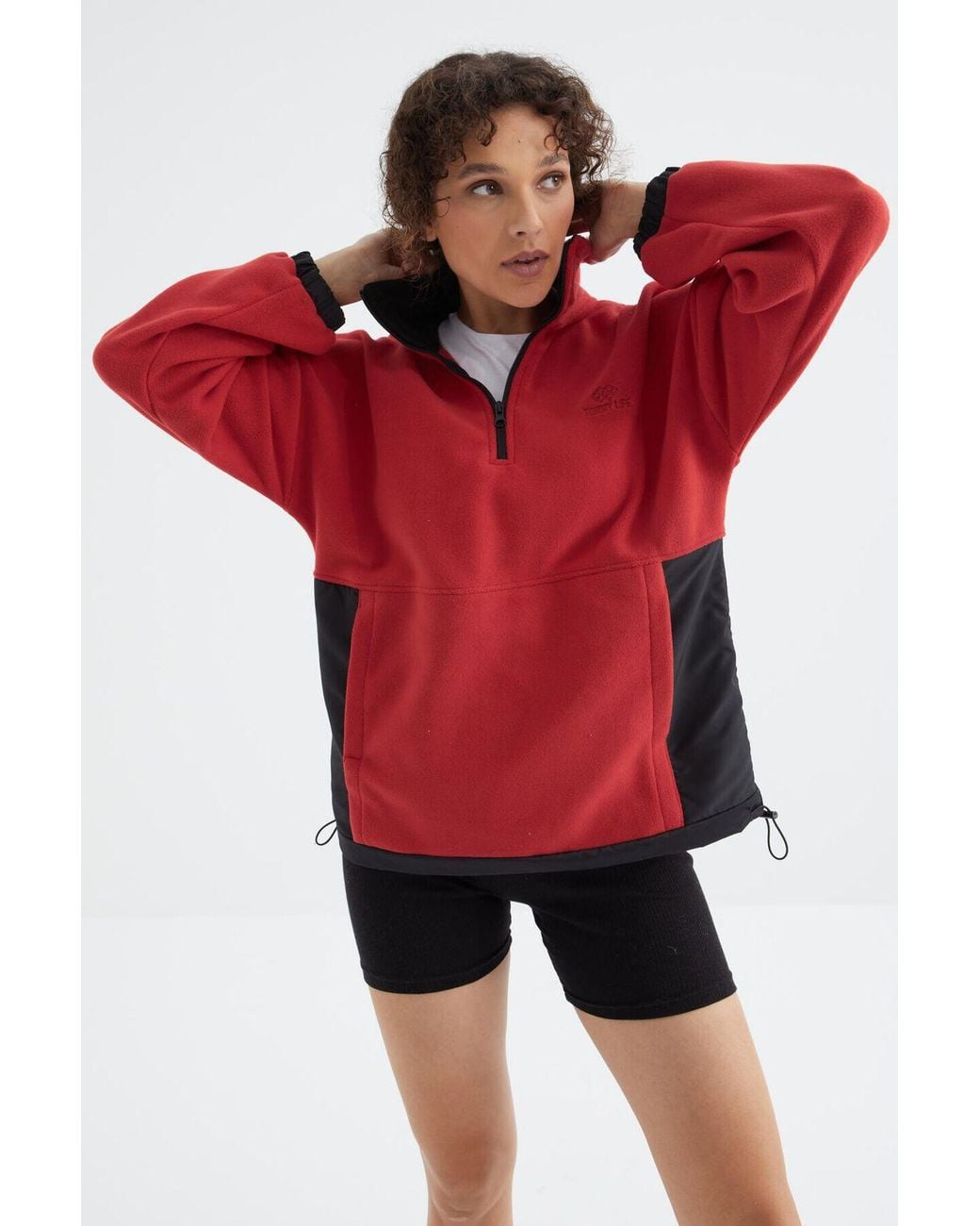 TOMMY LIFE Red Oversized Half-Zip Plush Sweatshirt