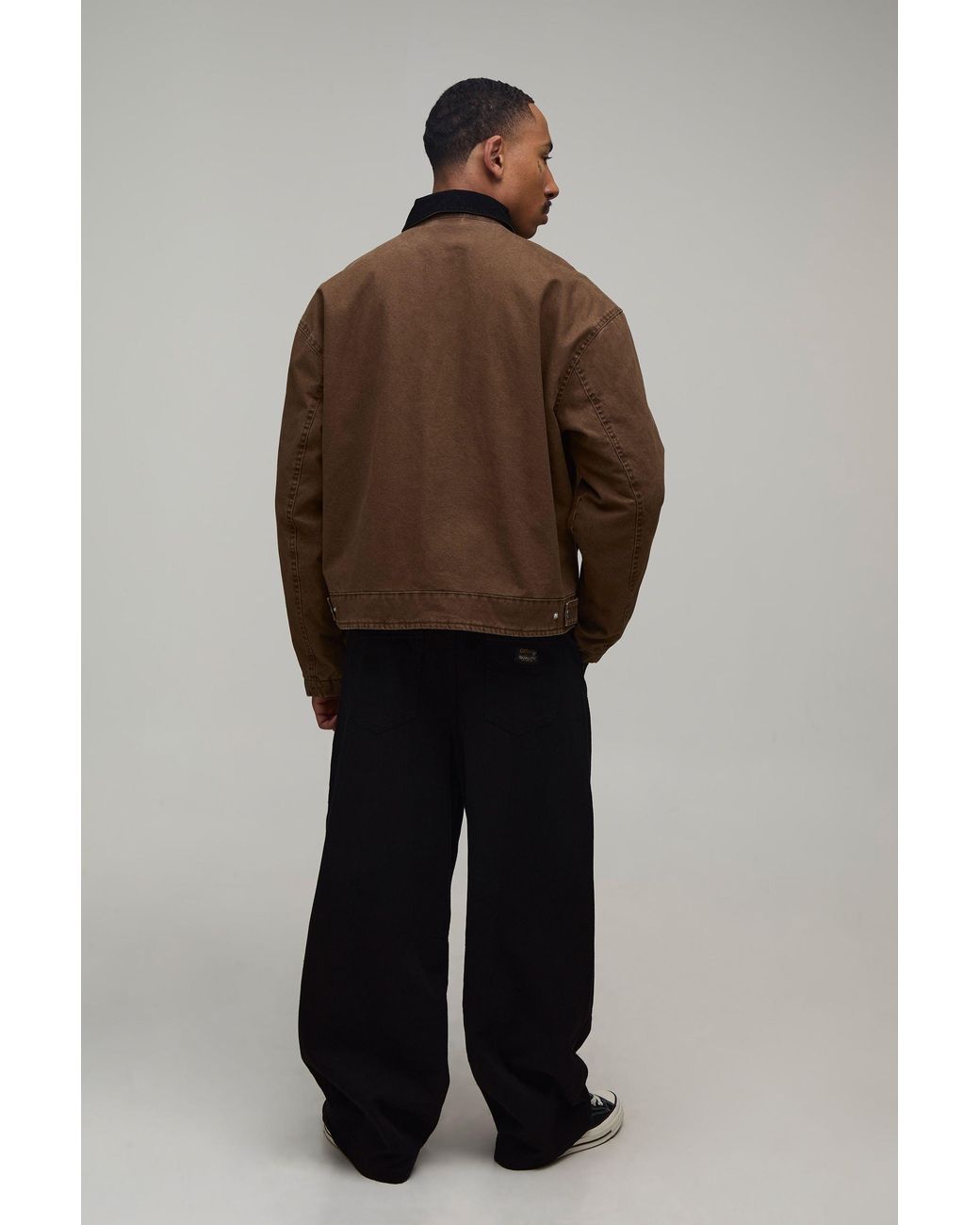 BoohooMAN Black Washed Twill Contrast Cord Collar Worker Jacket for men