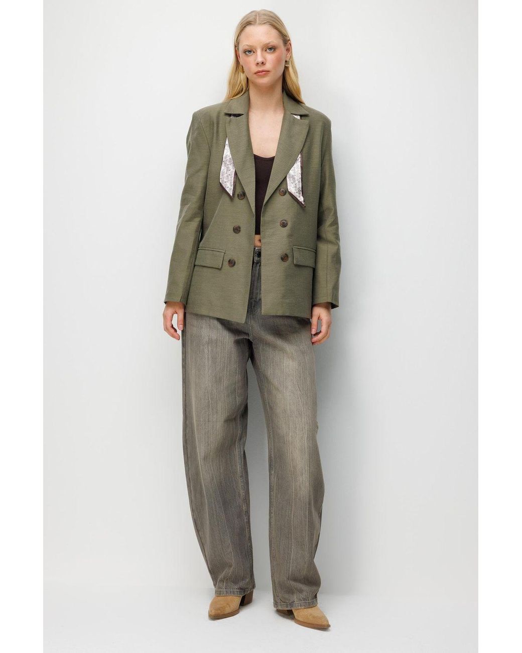 MixRay Green Linen Blazer Jacket With Scarf Detail