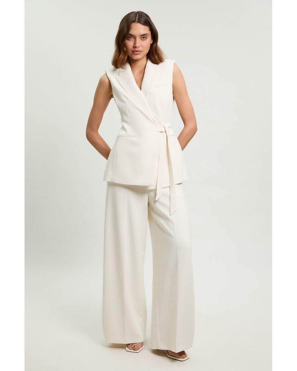 Karen Millen White Compact Stretch Tailored Tie Front Waistcoat