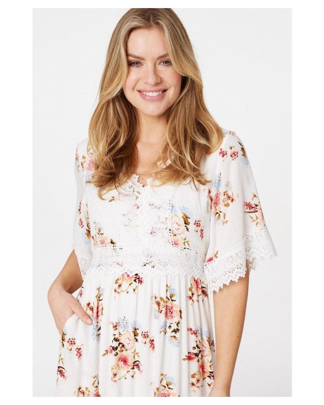 Izabel London White Multi Floral Lace Midi Tea Dress Viscose