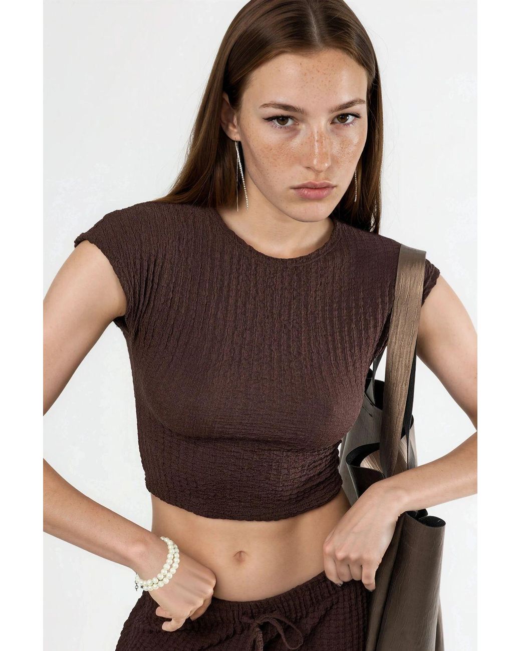 Busem Brown Fitted Textured Ribbed Crop Top