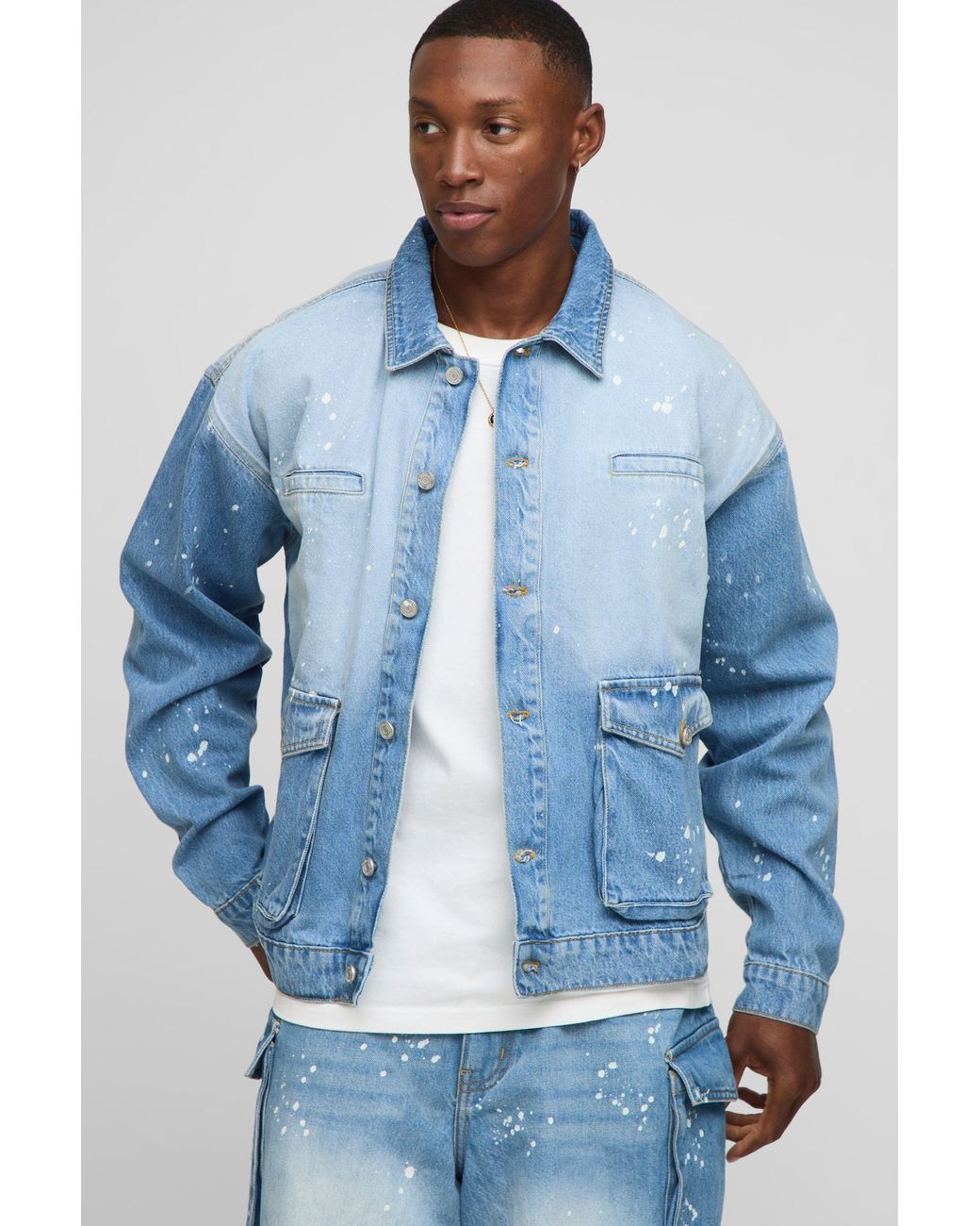 BoohooMAN Blue Oversized Boxy Cargo Paint Splatter Denim Jacket for men