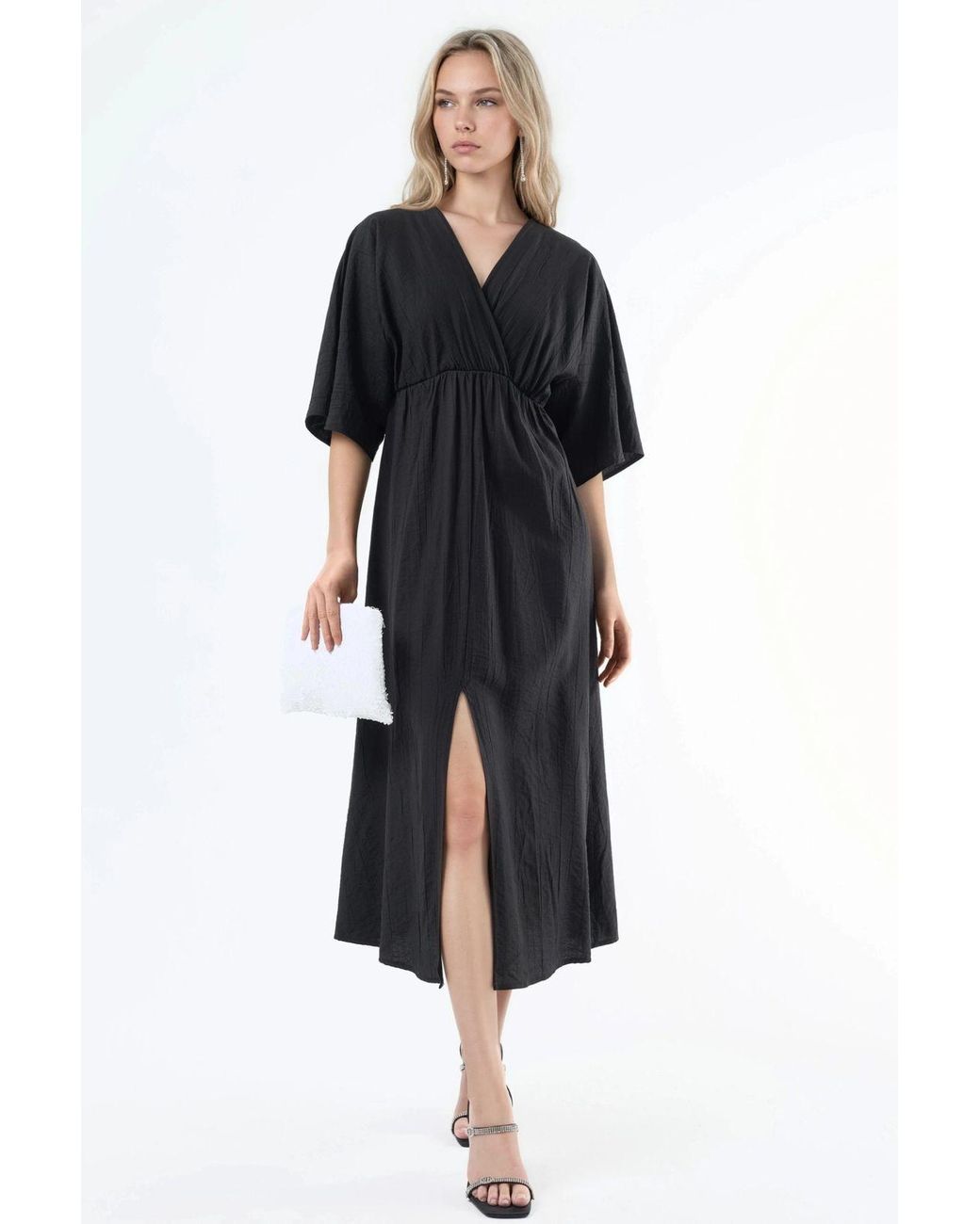 Busem Black V-Neck Midi Wrap Dress With Three Quarter Sleeves