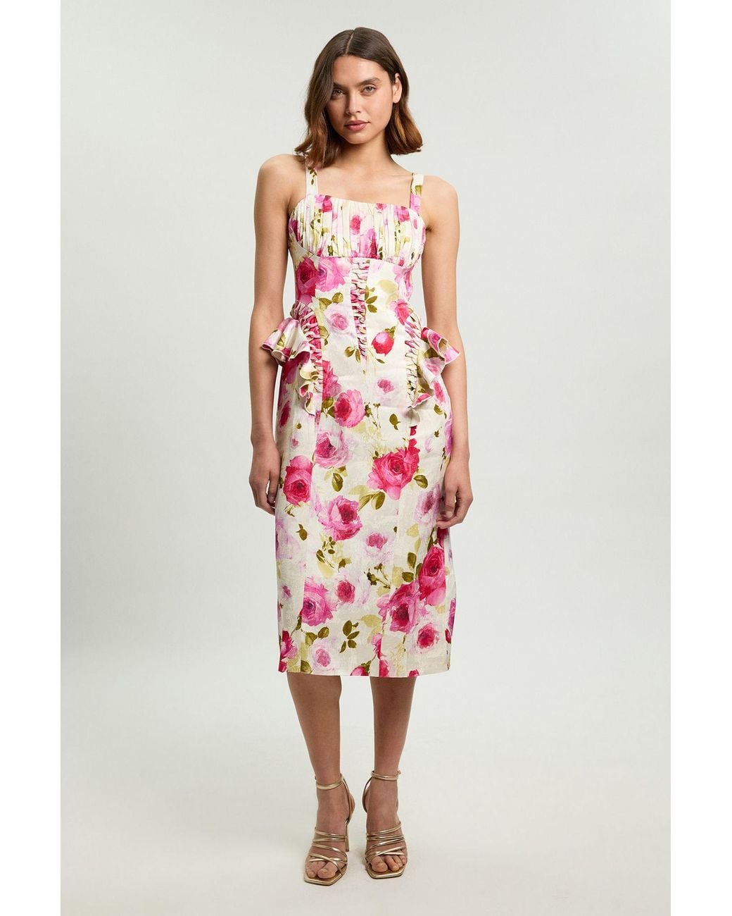 Karen Millen Petite Scattered Cotton Poplin Boned Detail Woven Midi Dress Viscose