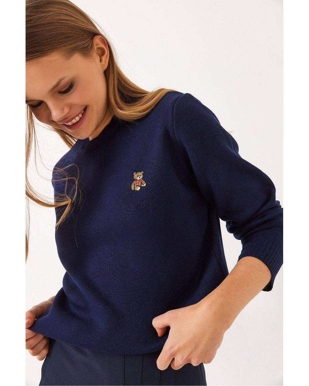 Bianco Lucci Blue Embroidered Crew Neck Sweater