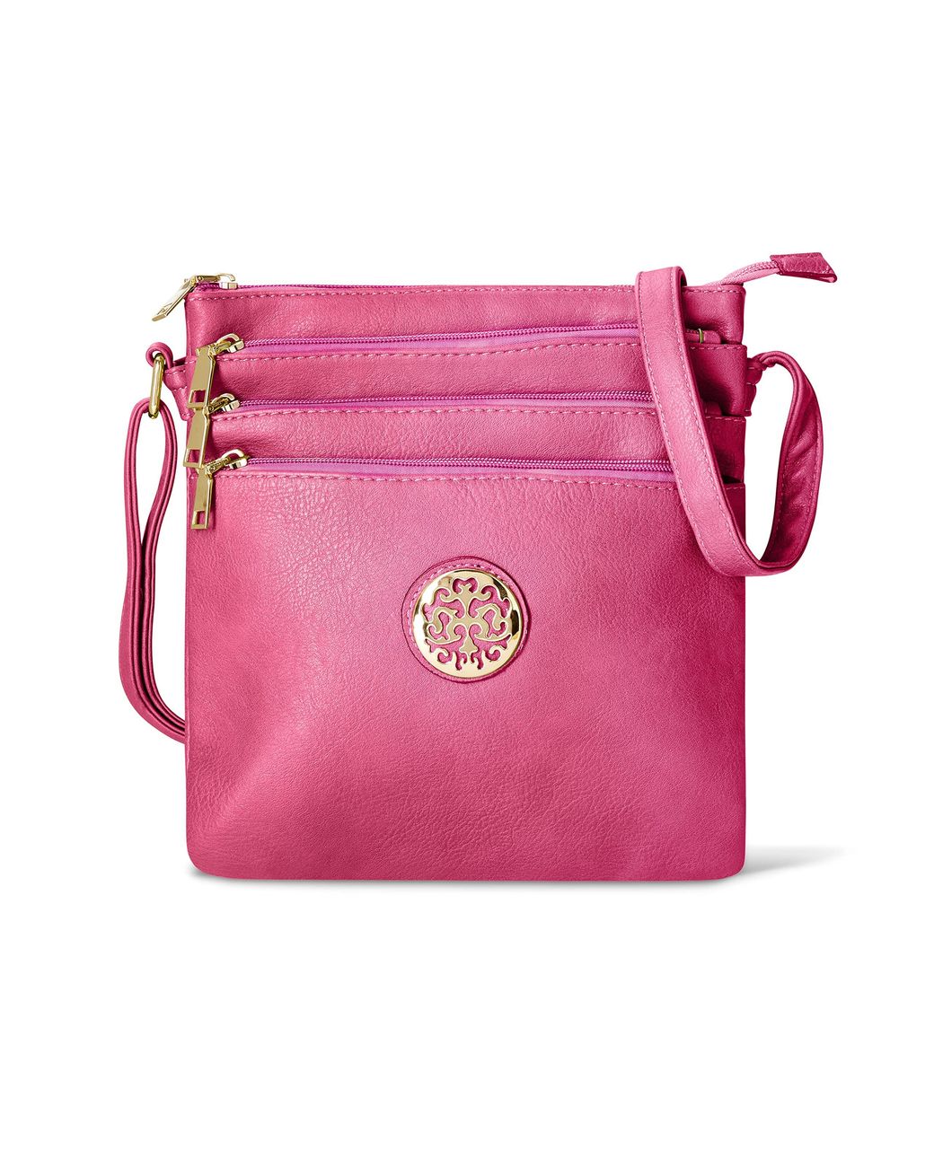 Woodland Leathers Pink Multi Zipper Cross Body Bag For