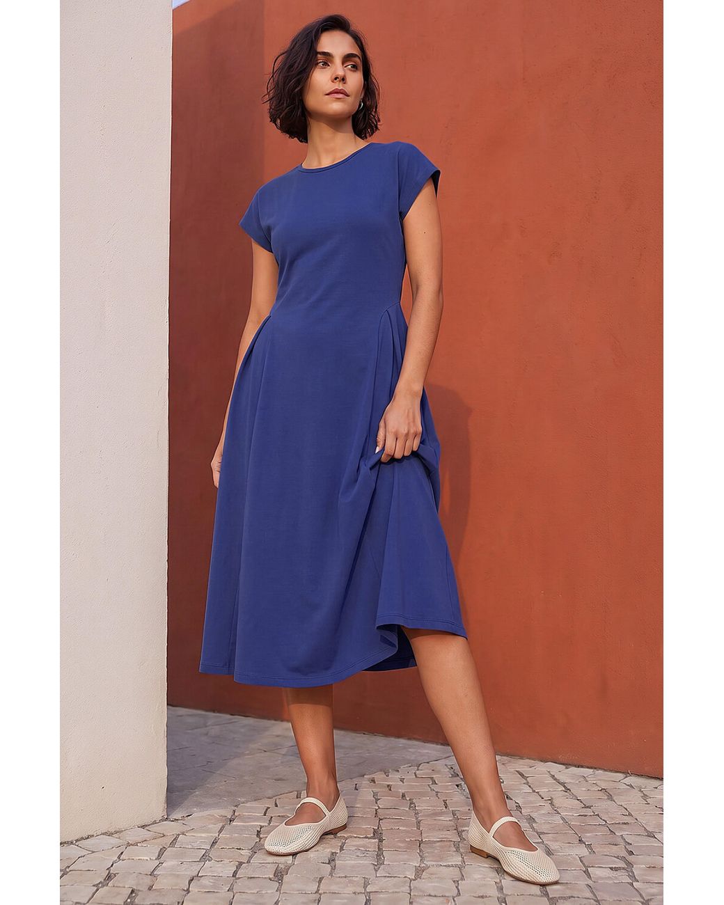 Roman Blue Side Pleat Detail Dress