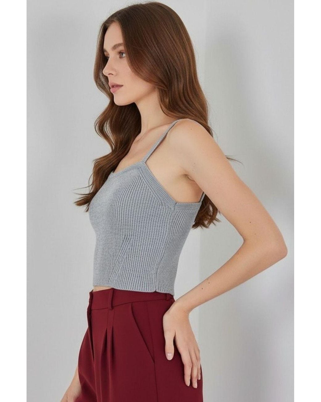 Bigdart Gray Square Collar Ribbed Knit Crop Top