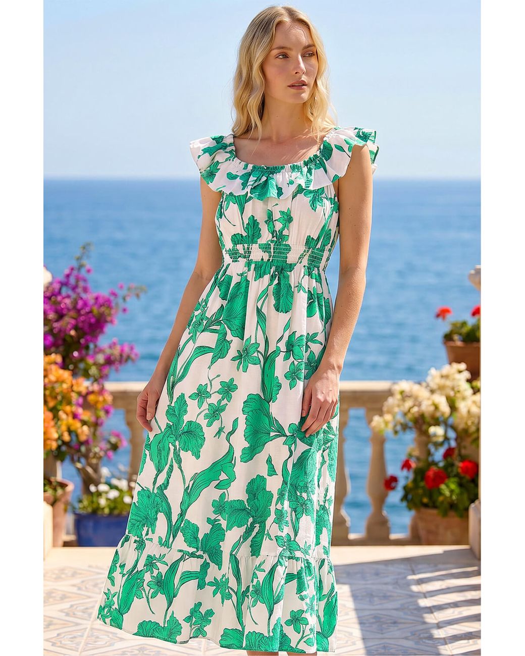 Roman Blue Floral Print Frill Shirred Midi Dress