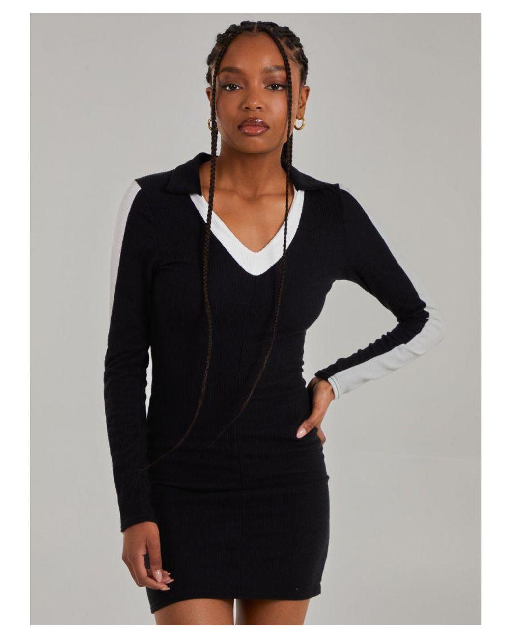 Pink Vanilla Gray Ribbed Sports Stripe Collared Dress