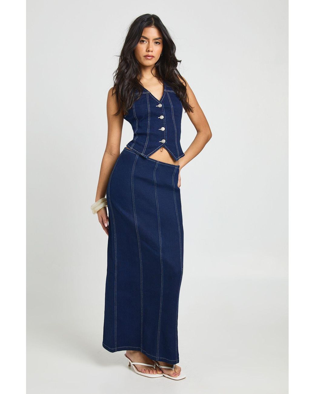 Boohoo Blue Stretch Maxi Denim Skirt