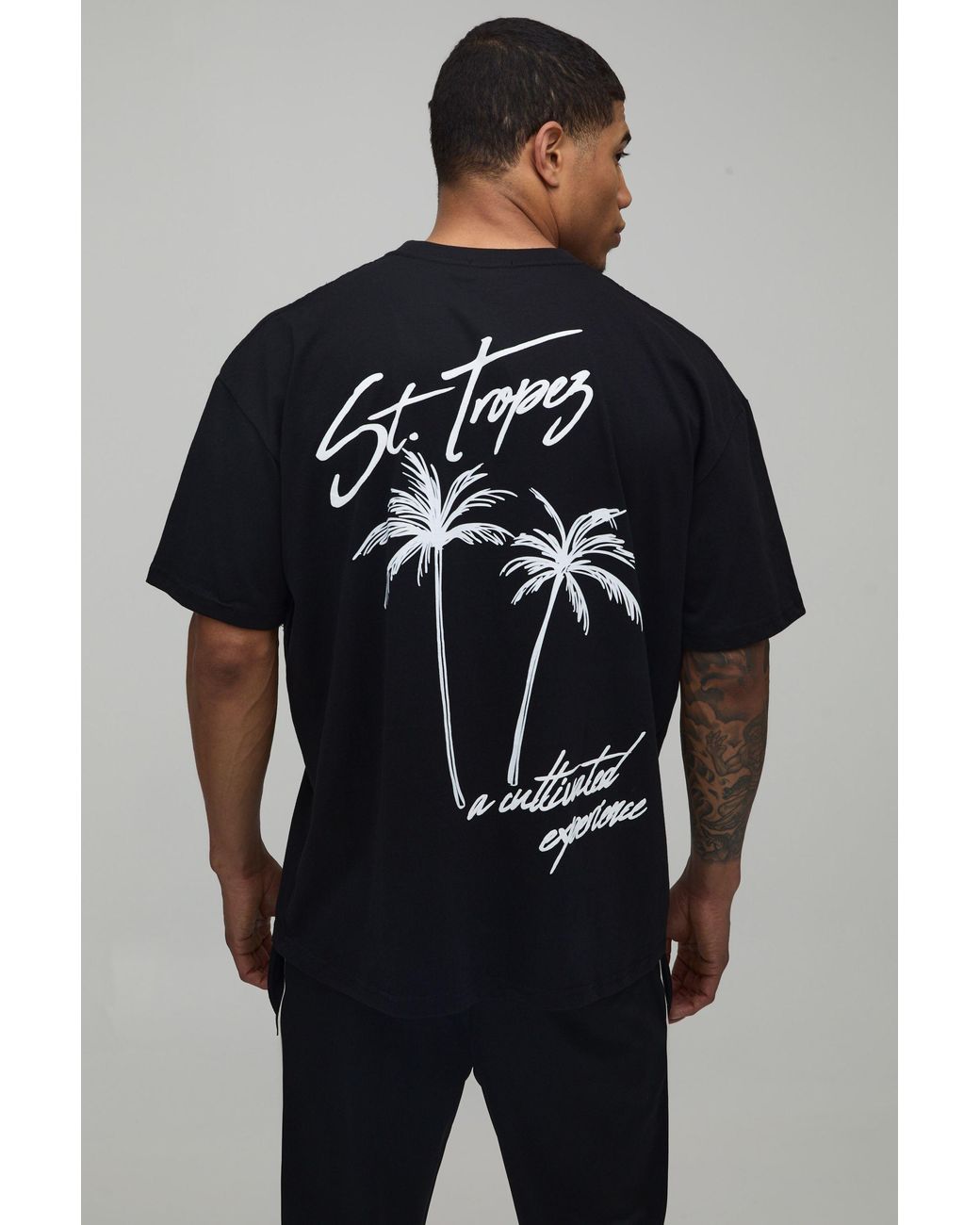 BoohooMAN Black Oversized St Tropez Palm Puff Print T-Shirt Cotton for men