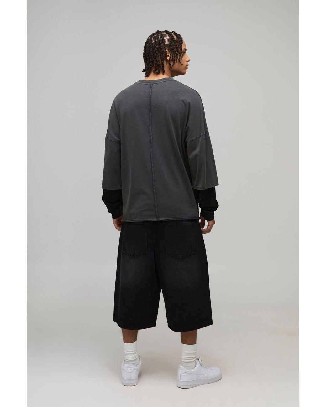 BoohooMAN Black Tape Effect Crotch Print Longline Denim Jorts for men