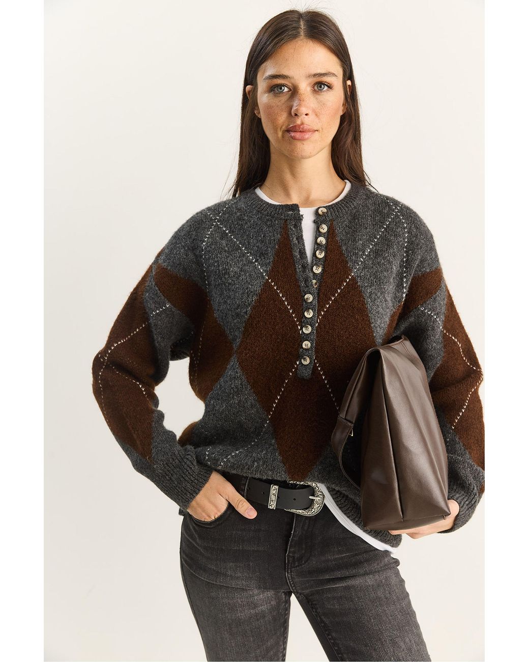 Bianco Lucci Brown Knit Crew Neck Sweater With Button Closure