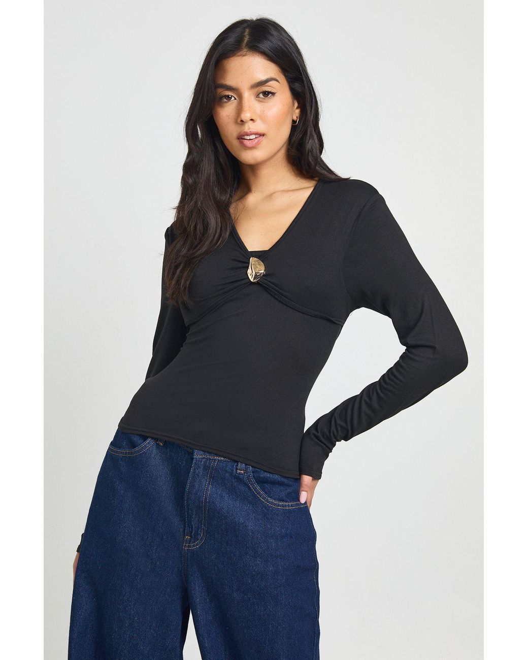 Boohoo Blue Long Sleeve Top With Ruched Asymetric Neck Trim Detail