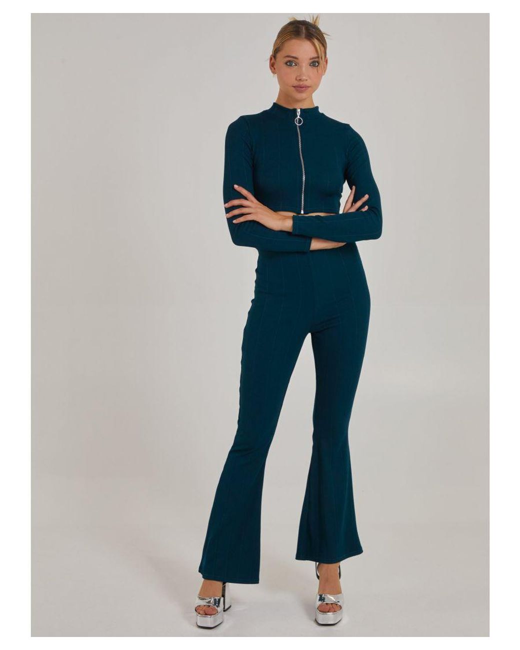 Pink Vanilla Blue Wide Ribbed Flare Trousers
