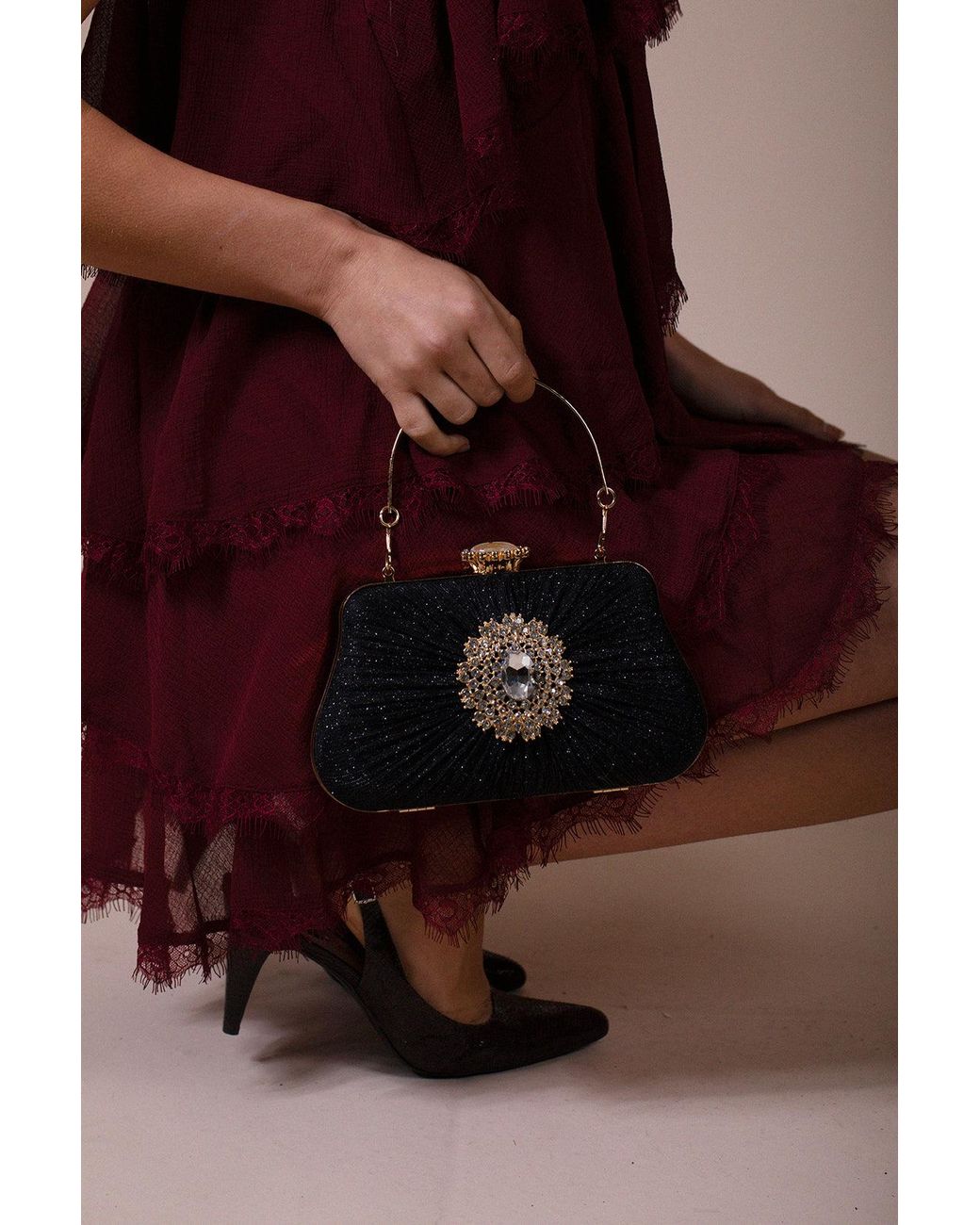 SVNX Brown Ruched Jewel Clutch Bag