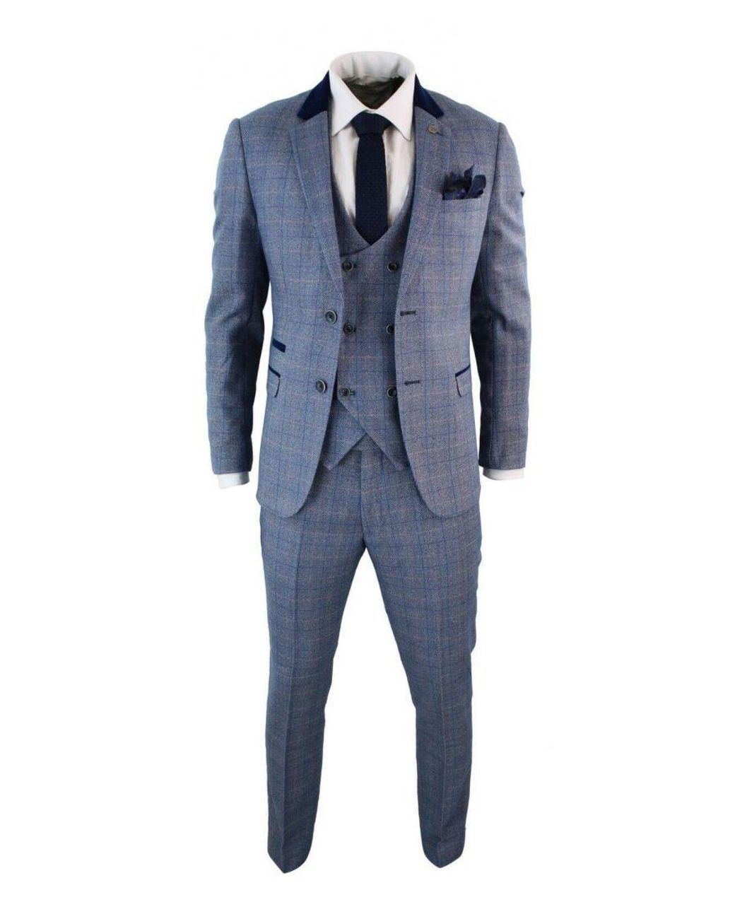 Infinity Leather Blue 3 Piece Herringbone Check Suit for men