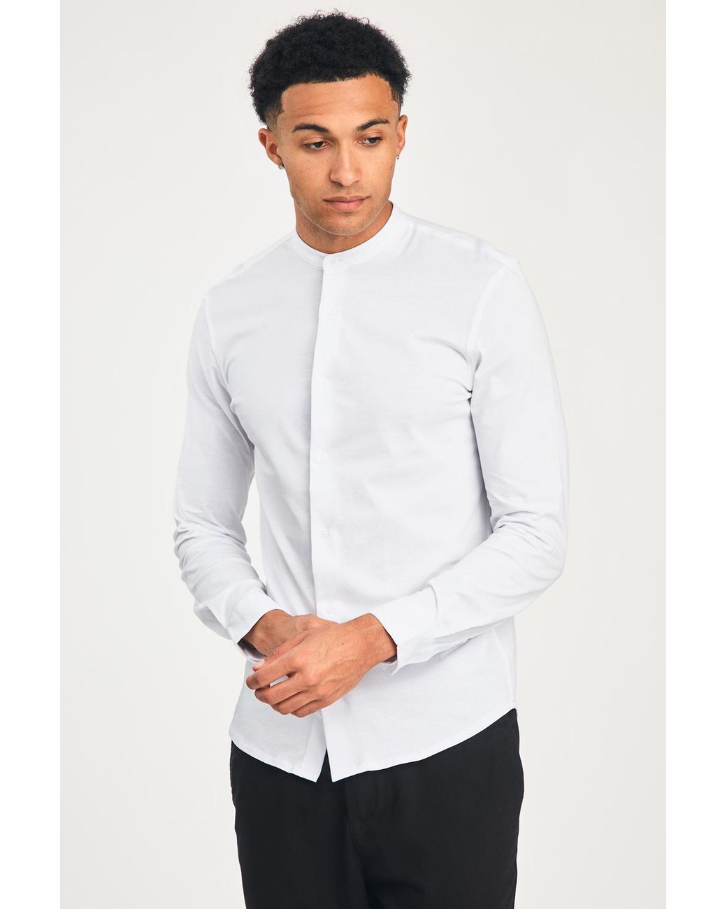 Nines White Cotton Long Sleeve Button-Up Shirt With Grandad Collar for men