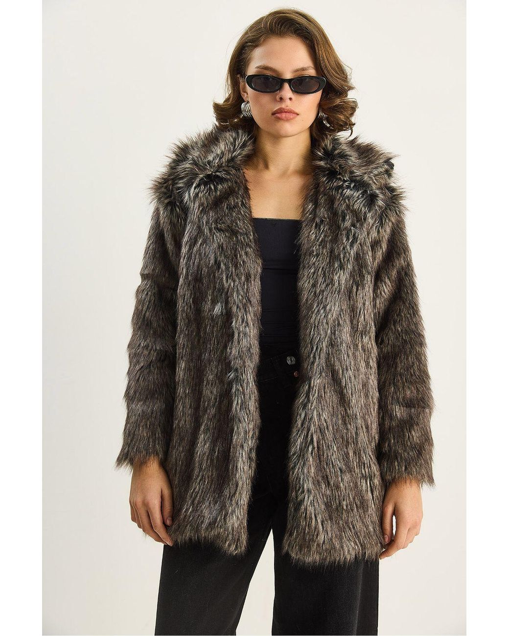 Bianco Lucci Black Faux Fur Coat
