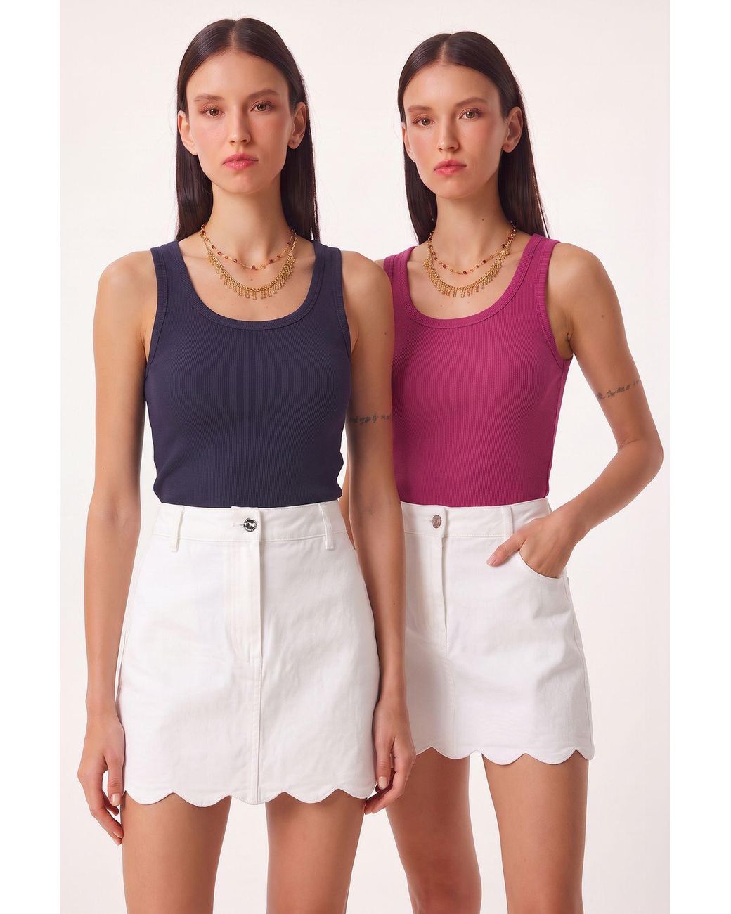 Happiness İstanbul Blue Fitted U Collar Knitted 2- Pack Tank Top
