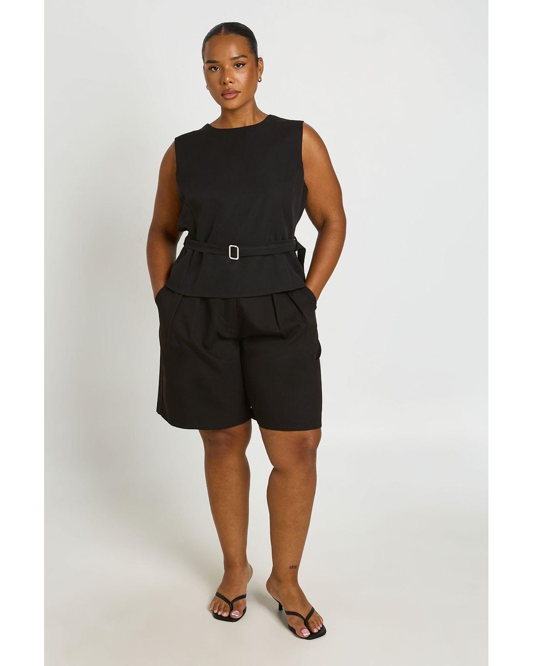 Boohoo Black Plus Waist Detail Pleat Front Tailored Longline Shorts