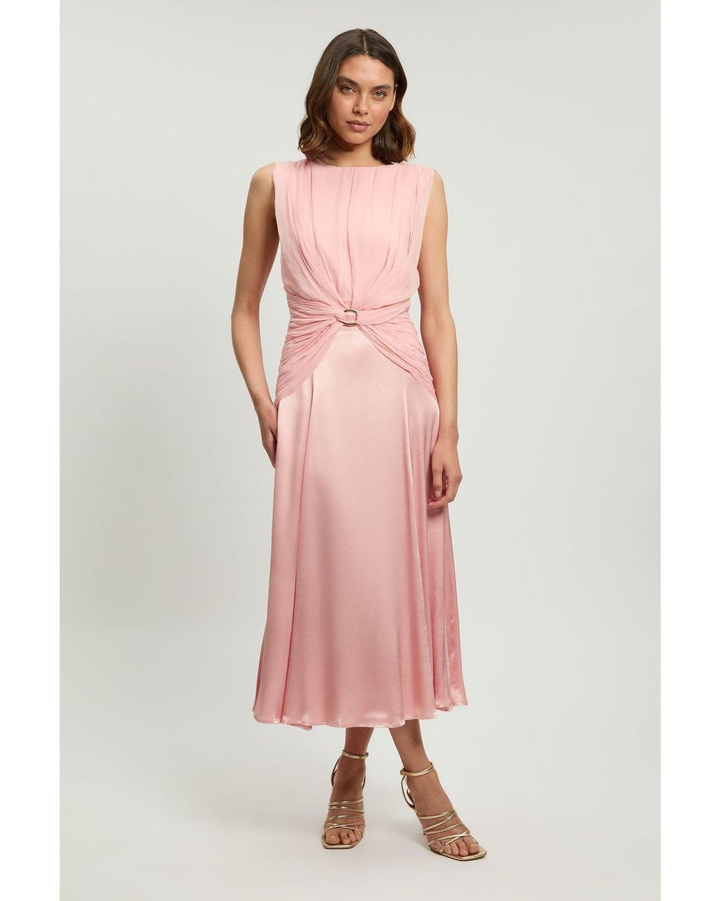 Karen Millen Pink Viscose Georgette Ruffle Sleeveless Woven Midi Dress
