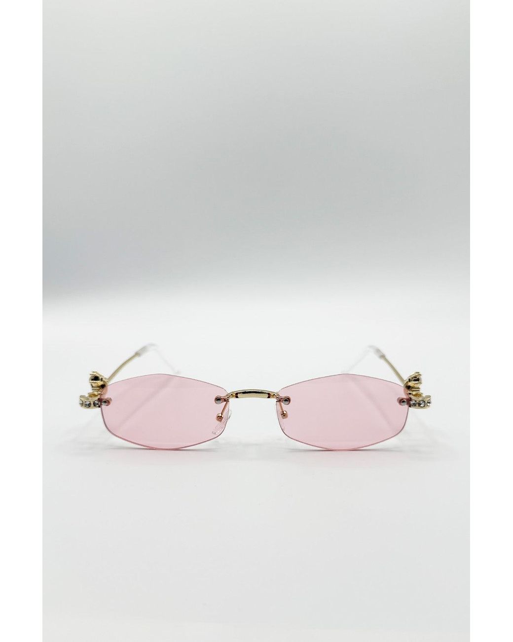 SVNX Pink Rimless Oval Diamante Sunglasses