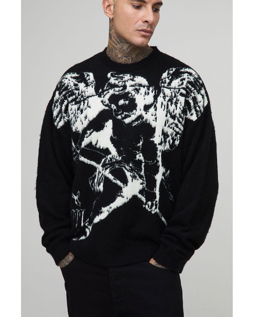 BoohooMAN Black Tall Brushed Renaissance Jacquard Sweater for men