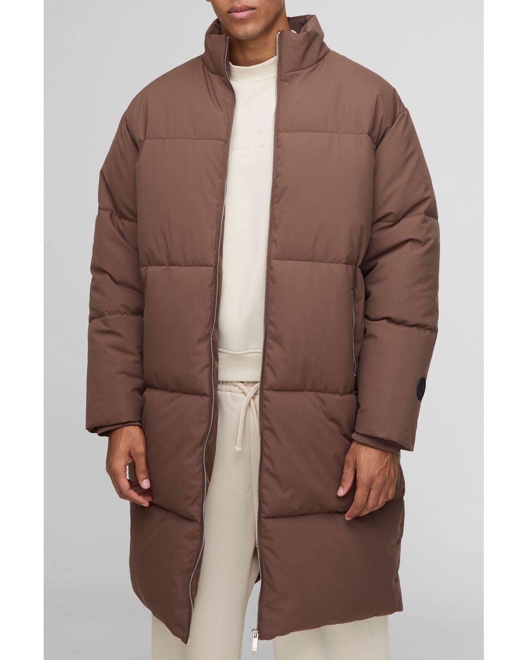 BoohooMAN Brown Regular Fit Nylon Funnel Neck Longline Puffer Jacket for men