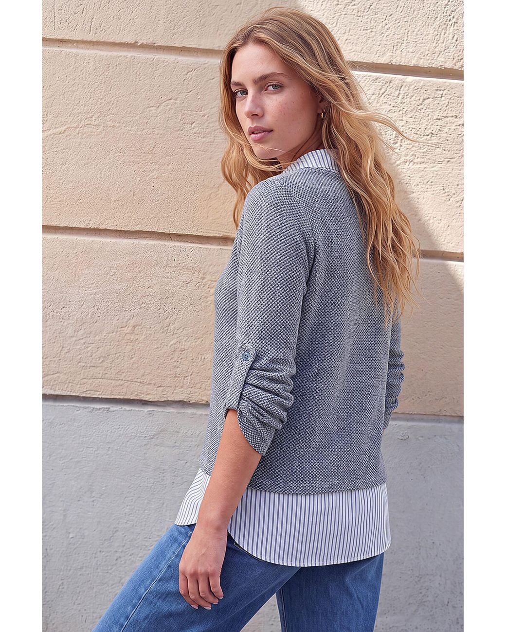Roman Gray Textured Snit Mock Shirt
