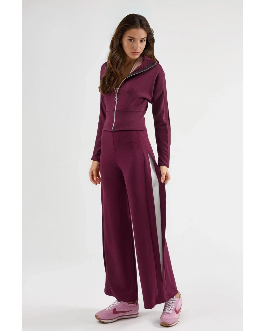 Hiccup Red Modal Touch High Waist Wide Leg Two-Piece Set With Zipper Collar