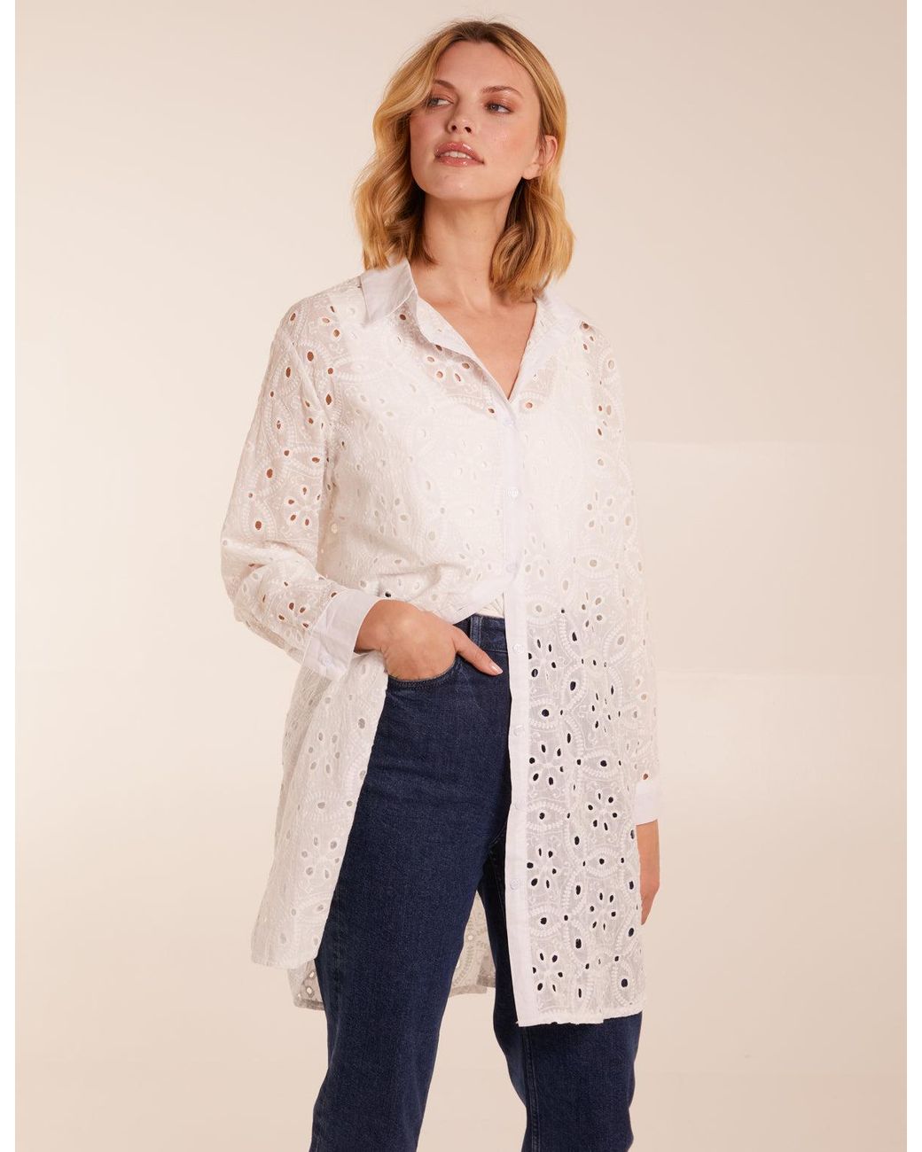 Blue Vanilla Natural Crochet Detailed Long Sleeve Shirt
