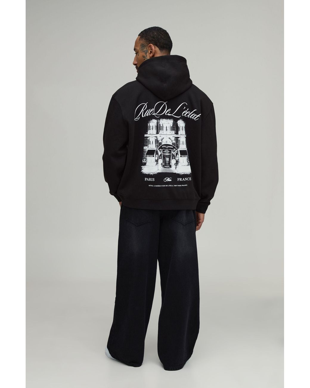 BoohooMAN Black Oversized Paris Graphic Hoodie Cotton for men