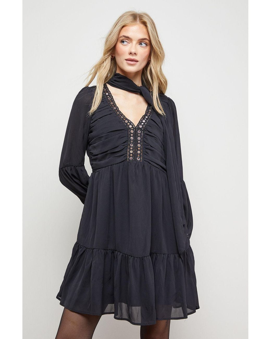 Oasis Blue Ruched Bow Tie Mini Dress With Stud Trim