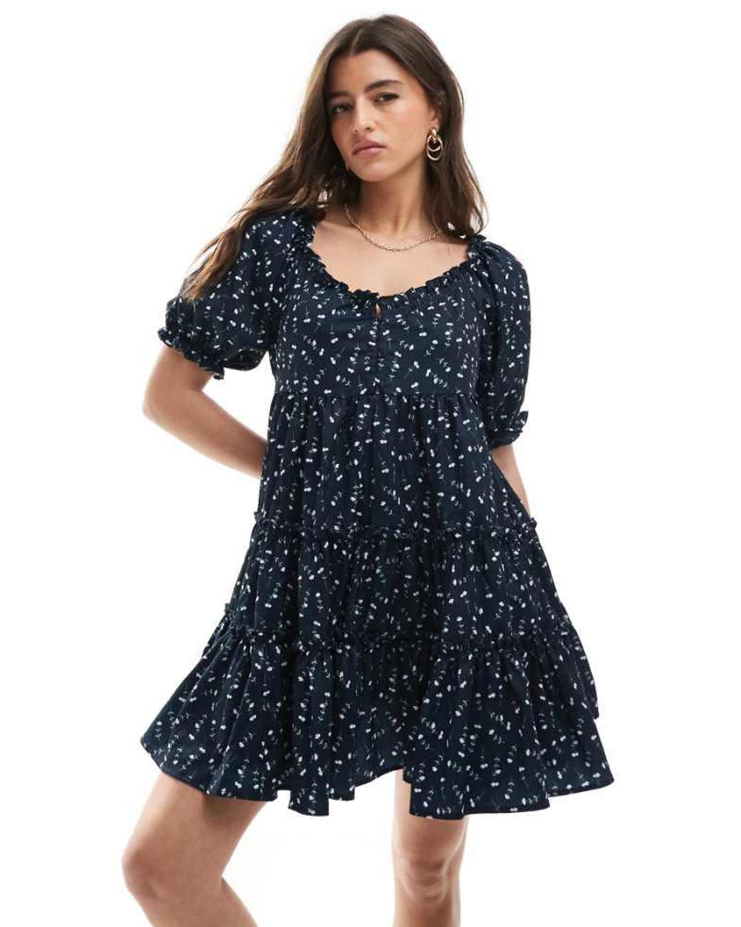 Daisy Street Blue Smock Tiered Mini Dress