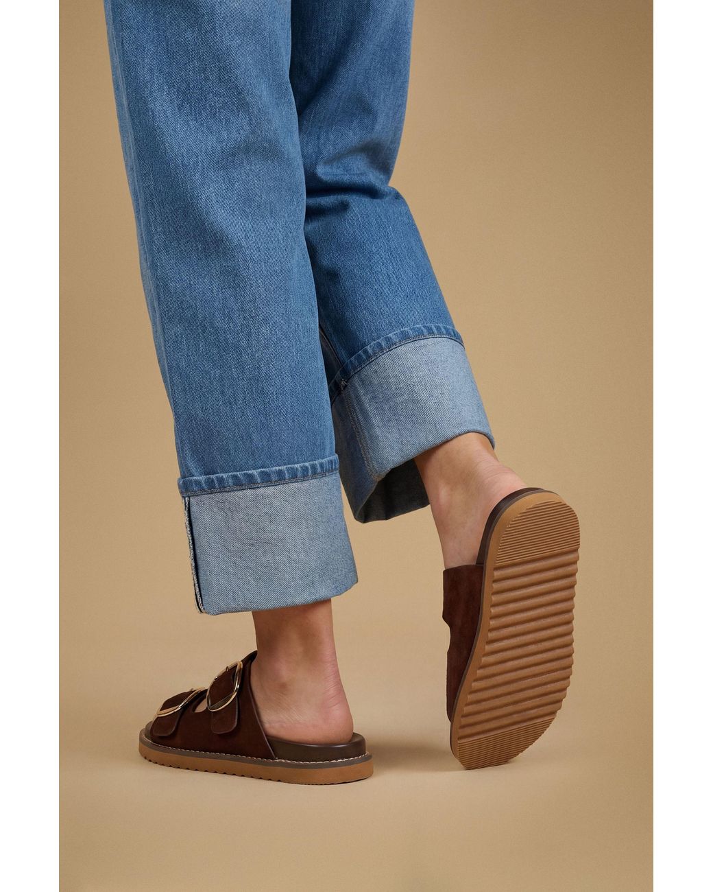 Oasis Blue Louisa Faux Suede Double Buckle Strap Footbed Sandals