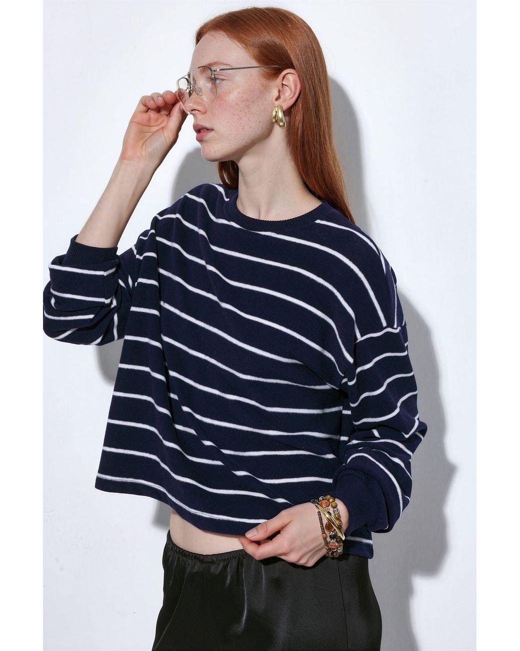 Busem Blue Striped Ribbed Crew Neck Sweater