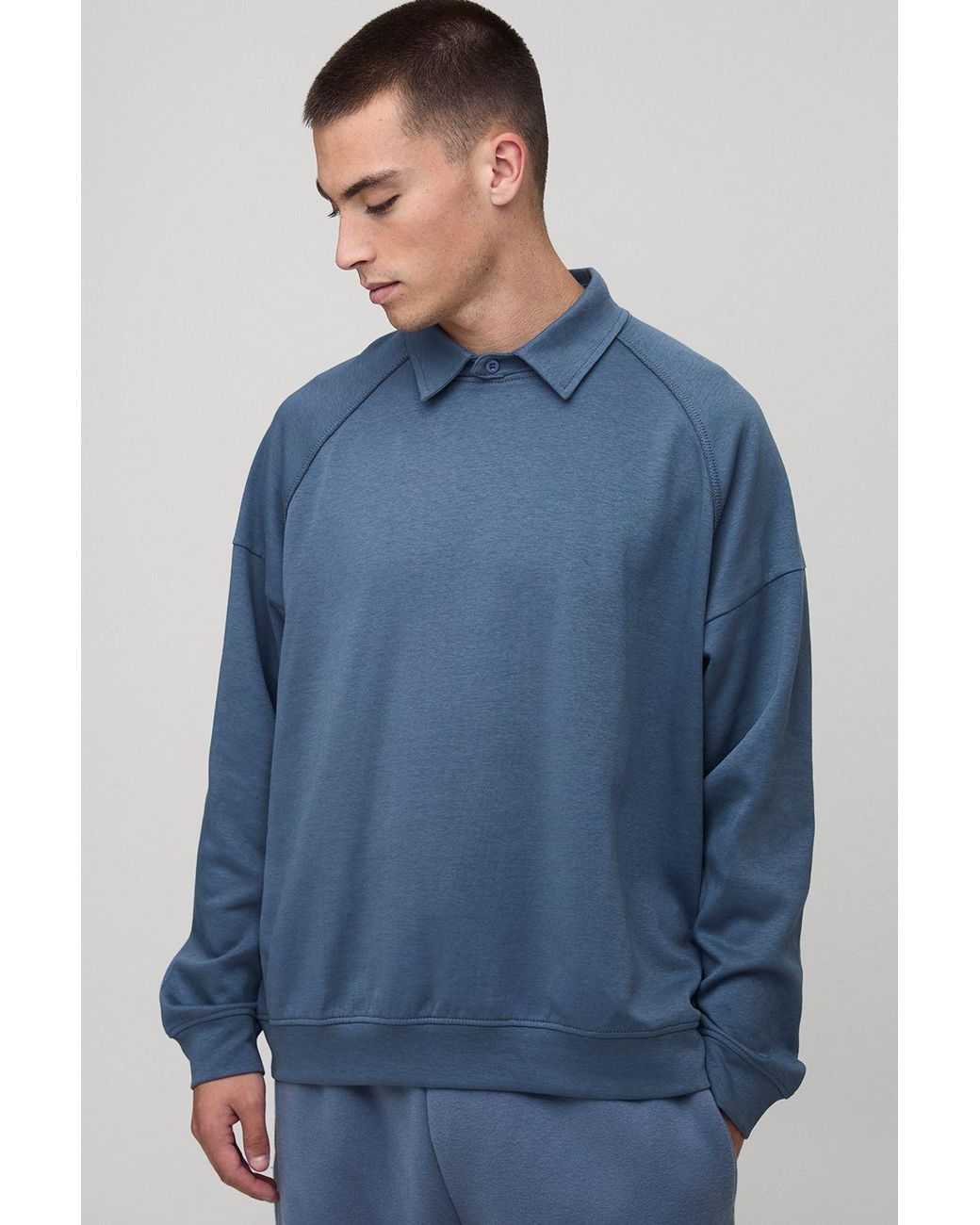 BoohooMAN Blue Oversized Premium Placketless Interlock Raglan Sleeve Polo for men