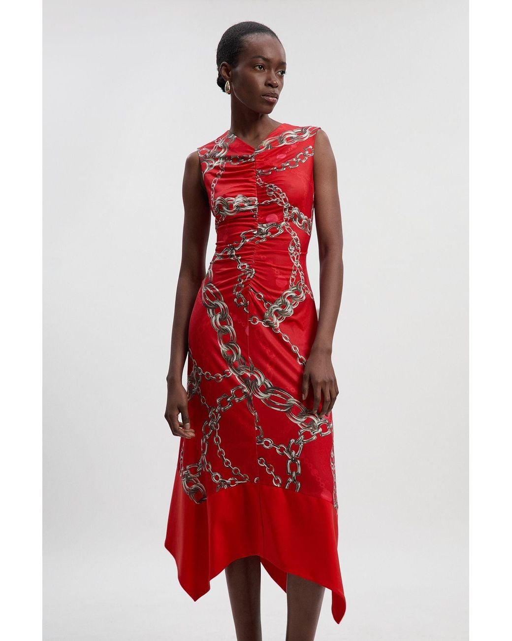Karen Millen Red Chain Print Crepe Hanky Hem Midi Dress