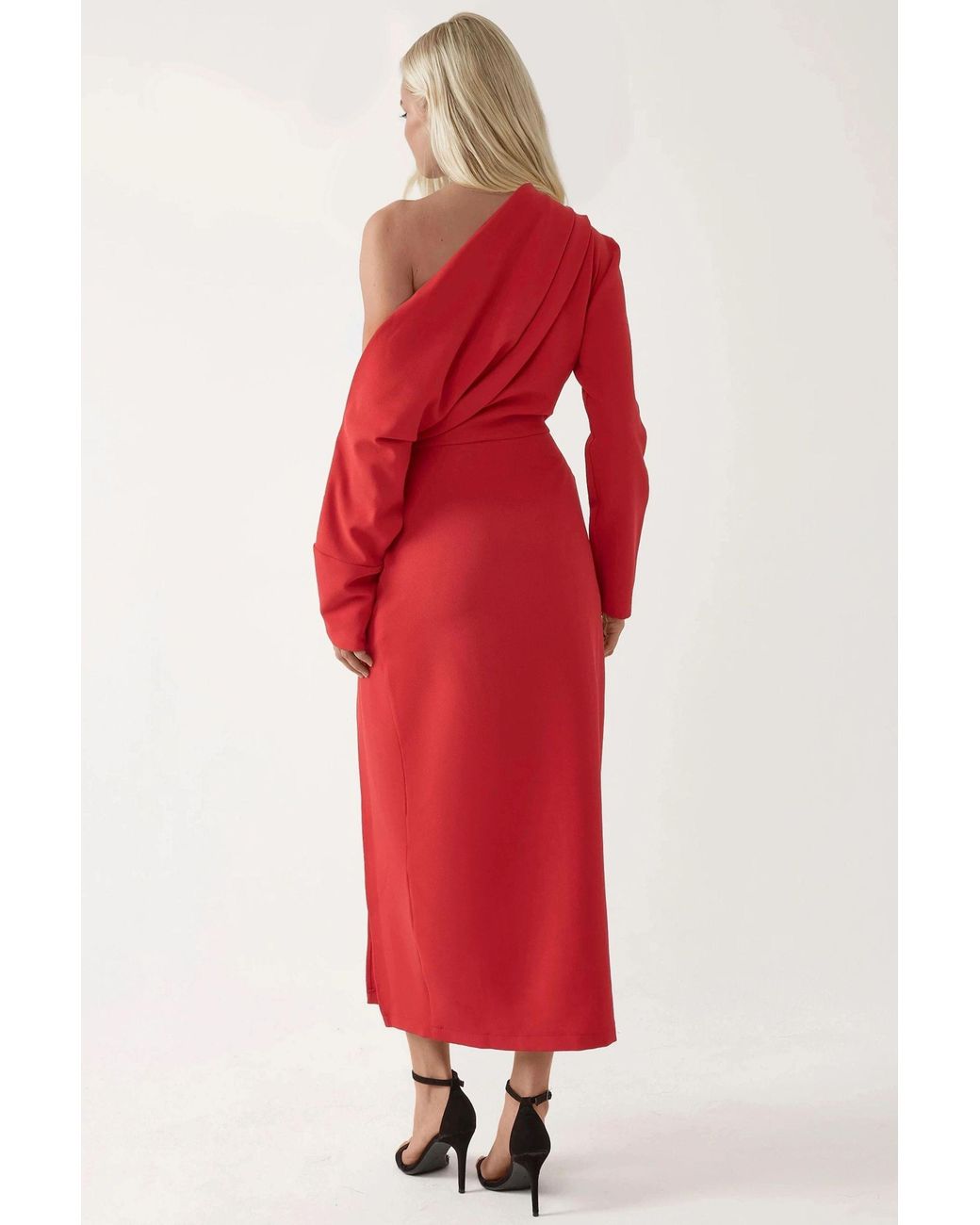 Hiccup Red Asymmetrical Collar Bodycon Midi Dress With Slit
