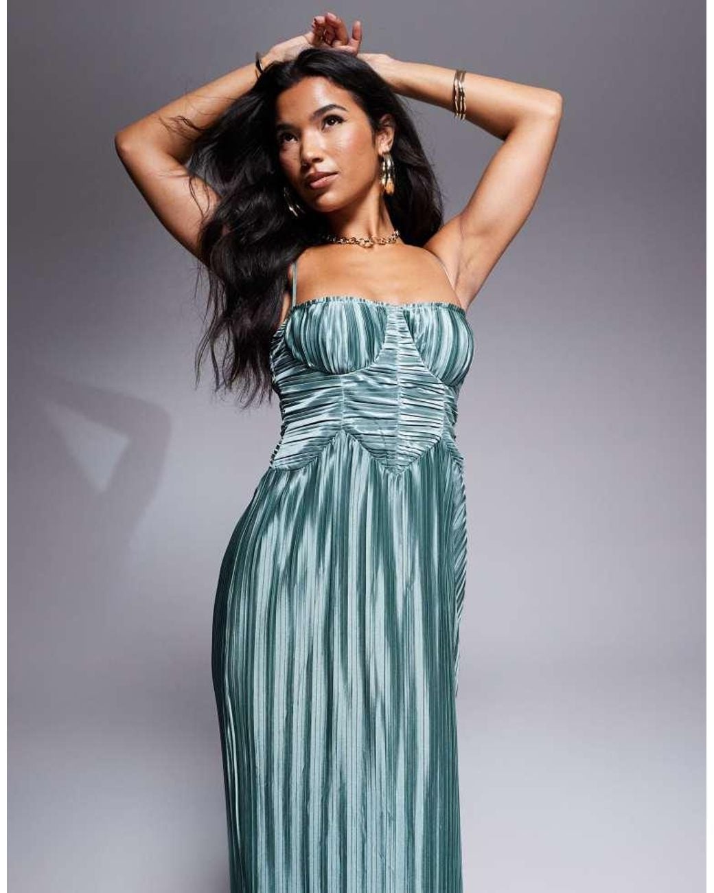 ASOS Blue Metallic Plisse Cupped Ruched Detail Maxi Dress
