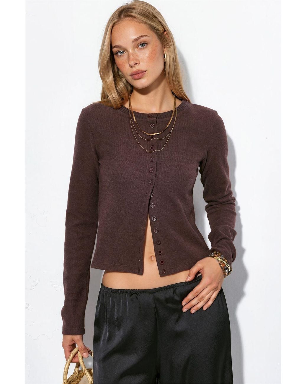 Busem Brown Cropped Ribbed Button Cardigan