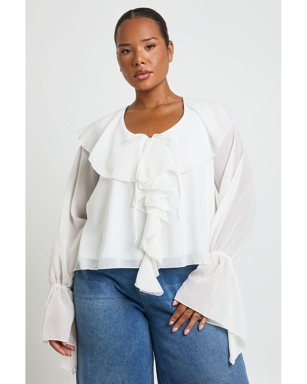 Boohoo White Plus Chiffon Ruffle Blouse