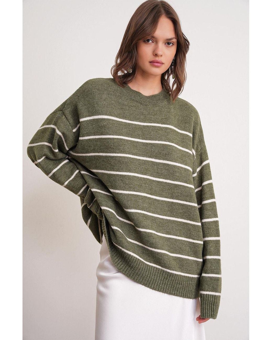 MixRay Green Striped Crew Neck Relaxed Knit Pullover Sweater