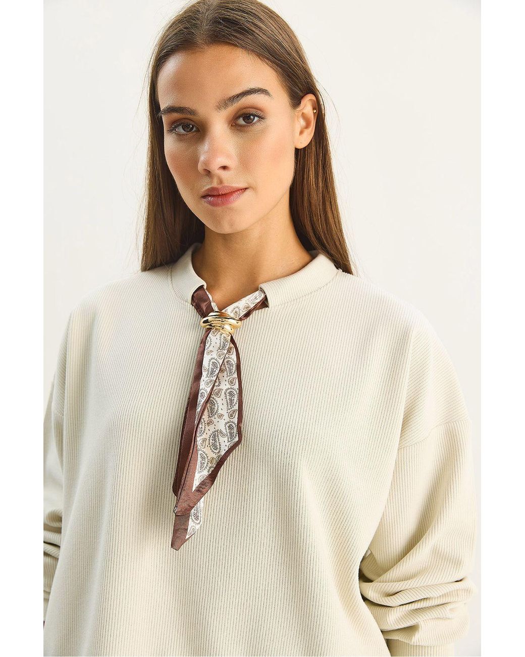 Bianco Lucci Natural Crew Neck Ribbed Sweatshirt With Scarf Accessory Detail