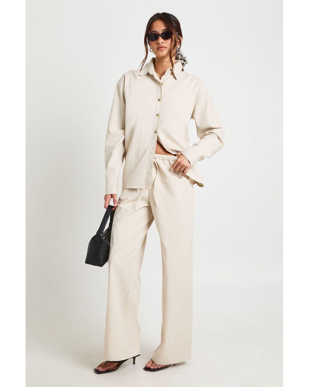 Boohoo Natural Chambray Slouchy Wide Leg Trousers