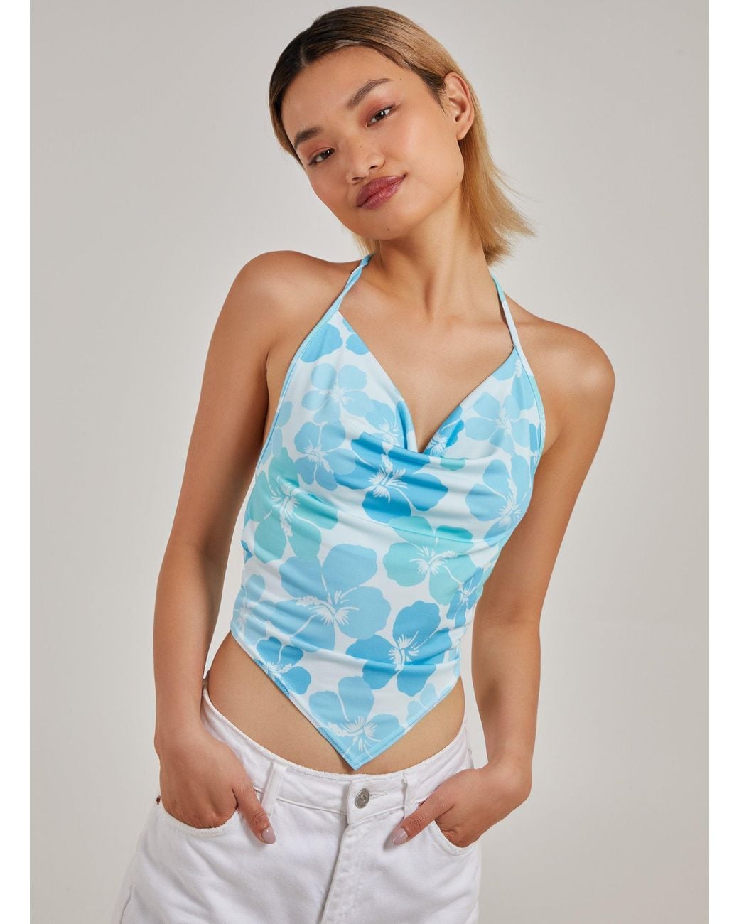 Pink Vanilla Blue Printed Cowl Neck Hanky Top